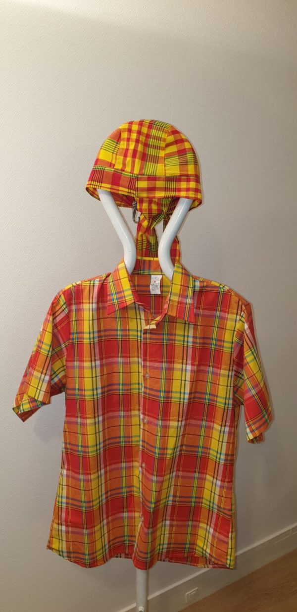 17.3Chemise Madras homme en jaune orange. Légère et agréable à porter. Taille : S, M, L. Confectionnée à Paris par Anjerocreation.