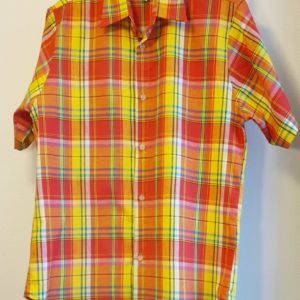 17.1Chemise Madras homme en jaune orange. Légère et agréable à porter. Taille : S, M, L. Confectionnée à Paris par Anjerocreation. Prix : 39.85€