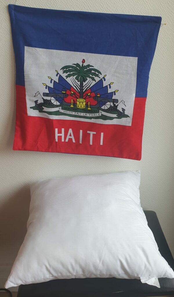 Coussin moelleux ayant pour décoration centrale le drapeau d'Haïti. Un système de fermeture ouverture permettant le dé-houssage.