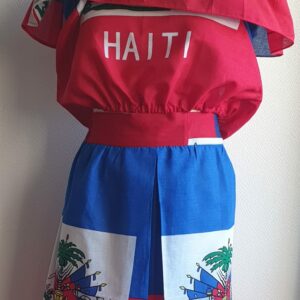 1.1Ensemble de couleur rouge et bleu orné du drapeau haïtien. Cet ensemble se compose de deux pièces que sont la jupe élastique à la taille et le corsage. Existe en taille : S, M, L, XL. Entièrement conçu et réalisé par AnjeroCréation à Paris. Prix : 119.90€