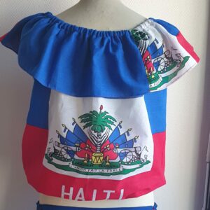 2.1Corsage bleu blanc rouge vert orné du drapeau haïtien avec un col bardot élastique. un style très élégant et confortable à porter. Taille : S, M, L, XL, XXL. Entièrement confectionné aux ateliers AnjeroCréation à Paris. Prix : 59.95€