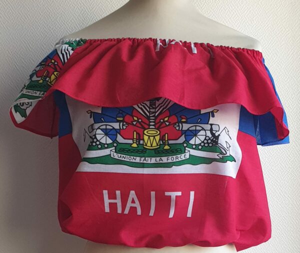 2.2Corsage bleu blanc rouge vert orné du drapeau haïtien avec un col bardot élastique. un style très élégant et confortable à porter. Taille : S, M, L, XL, XXL. Entièrement confectionné aux ateliers AnjeroCréation à Paris.