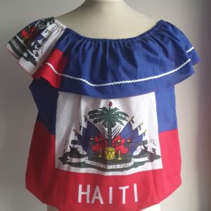 3.1Corsage bleu blanc rouge vert orné du drapeau haïtien avec un col bardot élastique. Zigzagblanc et bas de corsage. Un style très élégant et confortable à porter. Taille : S, M, L, XL. Entièrement confectionné aux ateliers AnjeroCréation à Paris. Prix : 59.95€
