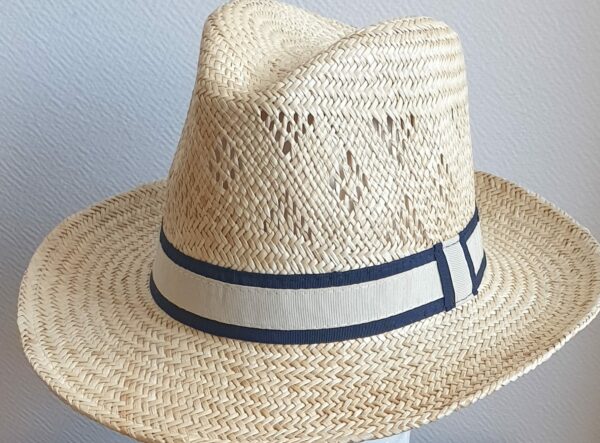 8.1Chapeau paille naturelle pour l'été, rafraichissant, confortable et léger à porter. Son style borsalino large bord légèrement relevé sur un montant remarqué et une entré de tête plus discrète, assorti d'un galon blanc aux bordures noires sont autant d'éléments lui confèrant un rendu singulier. Taille : 55, 57, 59, 59. Prix : 19.95€.