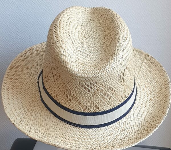 8.5Chapeau paille naturelle pour l'été, rafraichissant, confortable et léger à porter. Son style borsalino large bord légèrement relevé sur un montant remarqué et une entré de tête plus discrète, assorti d'un galon blanc aux bordures noires sont autant d'éléments lui confèrant un rendu singulier. Taille : 55, 57, 59, 59.