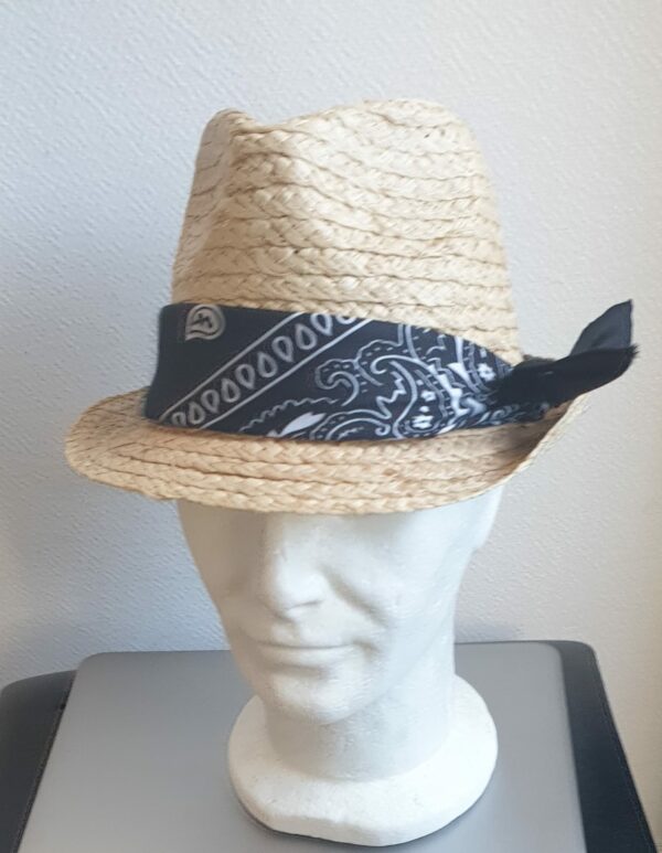 15.1Chapeau petit bord tissé en paille raphia et muni d'un galon à la pirate aux petits motifs blancs blanc sur fond noir. Coupe borsalino. Légèrement imperméable et souple, il est merveilleusement résistant et respirant. Ce couvre-chef dispose d'un dispositif de réglage par cordon de serrage facile à utiliser, à l'intérieur au niveau de sa bande de confort interne en noir et permettant une entrée de tête, ajustable. Fait à la main. Taille unique. Prix : 27.50€