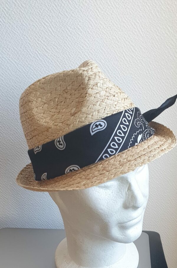 15.2Chapeau petit bord tissé en paille raphia et muni d'un galon à la pirate aux petits motifs blancs blanc sur fond noir. Coupe borsalino. Légèrement imperméable et souple, il est merveilleusement résistant et respirant. Ce couvre-chef dispose d'un dispositif de réglage par cordon de serrage facile à utiliser, à l'intérieur au niveau de sa bande de confort interne en noir et permettant une entrée de tête, ajustable. Fait à la main. Taille unique.