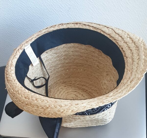 15.5Chapeau petit bord tissé en paille raphia et muni d'un galon à la pirate aux petits motifs blancs blanc sur fond noir. Coupe borsalino. Légèrement imperméable et souple, il est merveilleusement résistant et respirant. Ce couvre-chef dispose d'un dispositif de réglage par cordon de serrage facile à utiliser, à l'intérieur au niveau de sa bande de confort interne en noir et permettant une entrée de tête, ajustable. Fait à la main. Taille unique.