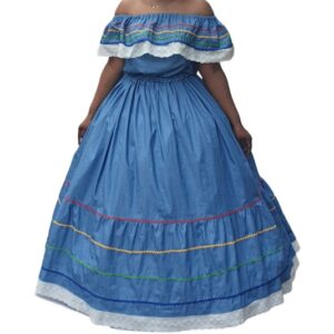 2.1Ensemble Carabela en bleu sur une tenue traditionnelle haïtienne évasée, cent pour cent coton. Des zigzags multicolores  et des broderies anglaises cousus en bas du décolté et en bas de robe confère à cet ensemble toute son originalité. Le haut est élastique ainsi que la jupe à la taille. Toutes les tailles sont disponibles. Prix : 279.95€. Conçu et réalisé aux ateliers AnjeroCréation à Paris. 