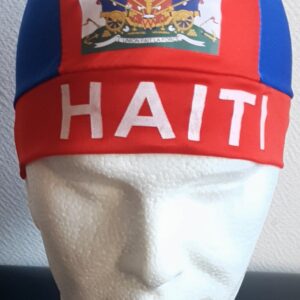 41.1Bandana rouge et bleu pleine tête en tissu polyester et orné du drapeau haïtien cousu sur le dessus de la calotte en subfrontal. Taille unique. Prix : 7.50€