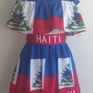 33.1Robe prestige haïtienne tricolore élastique à son col Bardot, à la taille. Tissu cent pour cent coton. Longueur de jupe approchée à 50cm.Prix 169.95€. Cette robe est entièrement confectionnée et conçue aux ateliers ANJEROCREATION à Paris.